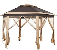 Yaheetech 13x13 Hexagonal Pop-Up Gazebo with Mesh Netting & Double Tiers - Instant Outdoor Canopy for Patio, Garden, Backyard - Khaki/Brown