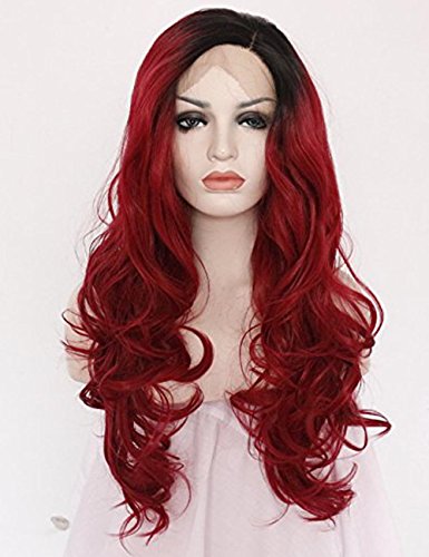 2 Tones Women's Long Wavy Ombre Lace Front Wigs For Women Wine Red Synthetic Wig Dark Roots For Women Heat Resistant Fiber Hair Half Hald Tied 24 inches