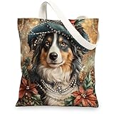 Einkaufstasche aus Segeltuch mit australischem Schäferhund, Vintage-Stil, 33 x 38 cm, Retro-Weihnachtswelpe, wiederverwendbar, mit Muster, für Damen, ästhetische Malerei, Geschenk, Dekoration