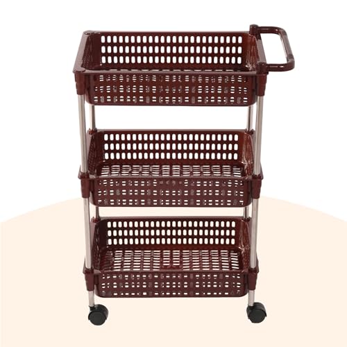 Image of Kuber Industries Storage Rack with Wheels | 3-Layer Storage Organizer Rack | Multipurpose Storage Trolley Rack for Kitchen-Home-office | Revolving Vegetable Storage Trolley | Brown