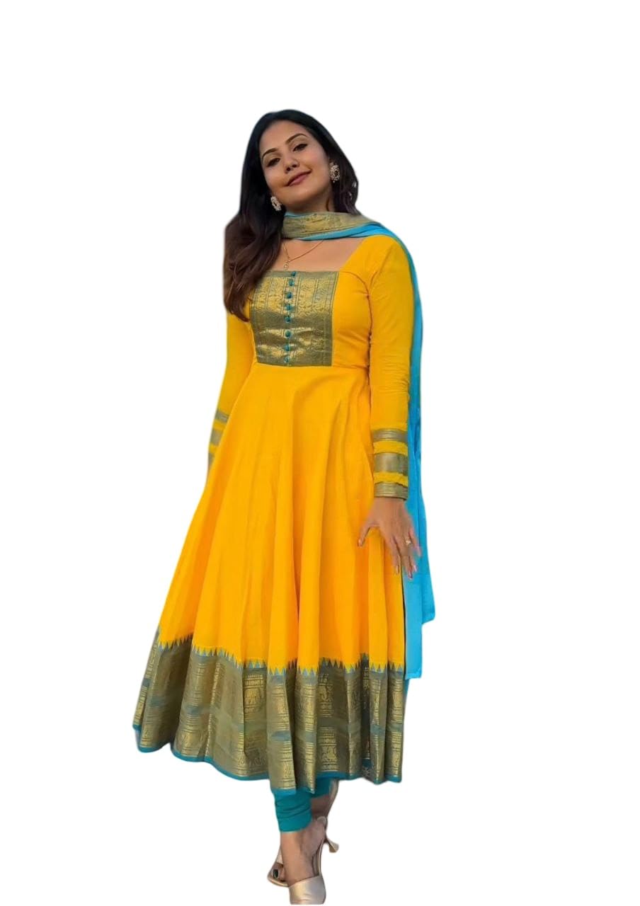 Women's PV Chanderi Anarkali Kurti with Jacquard Zari Border & Soft Net Dupatta | Ethnic Traditional Kurta Set for Women-picture-24