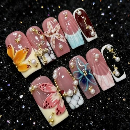 Floral Handmade Medium Square Press on Nails Nude Base Colorful 3D Floral Accents Pearl Chain Details Glossy Finish Reusable Spring Nails Easy Apply Party Durable Trendy Women Girls Nail Art 24 PcsS
