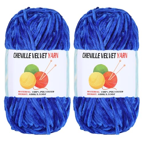 Image of 2 * 100g Velvet Chenille Chunky Yarn, Handcrafts Weaving Soft Chenille Yarn for Crocheting Clearance, Used for Making Baby Yarns Blanket, Clothes, Knitting Creations (Sapphire Blue)