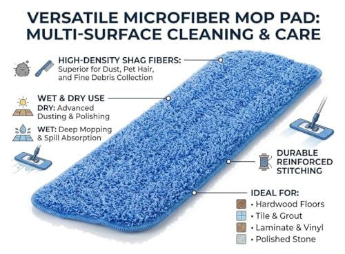 Image of Microfiber Dry Mop Refill 24 Inch with Check Duster Cloth Free - Reusable Heavy Duty Floor Dust Cleaning Pad (Blue)