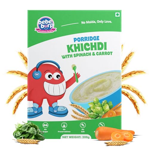 Image of BE'BE' BURP - Cereals | Mix Porridge Khichdi Mix Porridge with Spinach & Carrot| No Sugar No Salt | No Artificial Preservatives & Flavours | Real Fruits & Vegetables | 200g