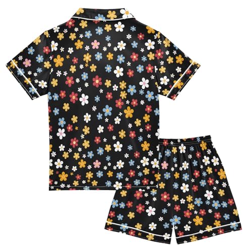 ALAZA Cartoon Flower Blossom Print Satin Pajamas Set Short Sleeve Button Down Sleepwear Summer Pjs 2 Piece2