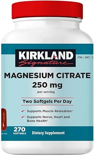 Kirkland Signature - Citrato de magnesio de 250 mg, 270 cápsulas blandas. Apoya la relajación muscular, nervios, corazón y salud ósea