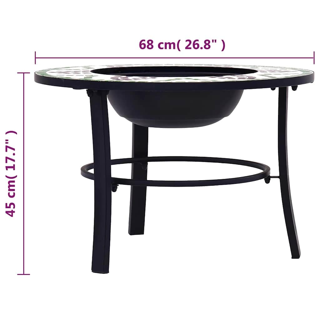 Mozaika zielona 68 cm palenisko ceramiczne | Wysokiej jakości stalowa miska, stojak na 3 stopy, idealny grill ogrodowy lub patio, okrągły blat do napojów