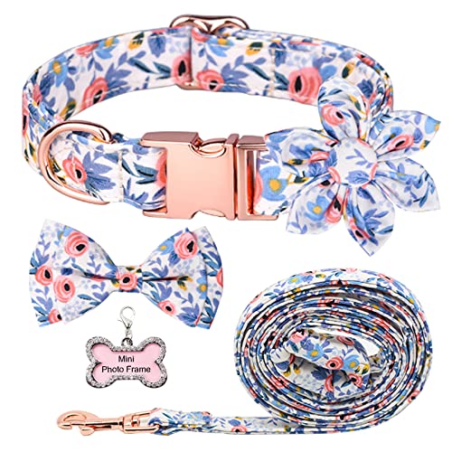 Girl Dog Collar and Leash Sets with Bow Tie Dog Collar with Detachable Flower with Dog Tag & Strong Gold Buckle for Small Medium Large Dogs(L)