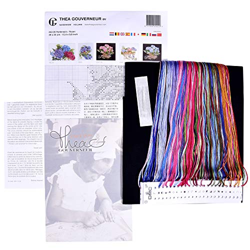 Image of Thea Gouverneur - Counted Cross Stitch Kit - Hydrangea & Rose - Aida Black - 18 Count - Embroidery Kit for Adults - DMC Embroidery Threads and Other Cross Stitch Supplies Included - 442.05