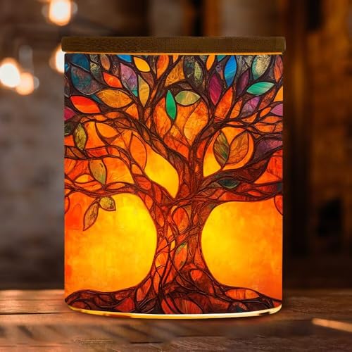 Image of Tree of Life Stained Glass Tea Light Candle Holder, Tree of Life Decorations Light Glass Tealight Holder with Bamboo Lid, LED Candle Tealight Jar for Birthday, Wedding, Monther Day, Home Decor
