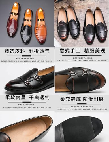 Men's Slip-on Dress Oxford Shoes,Pointed-Toe Low-top Double Monk Strap Black Patent Leather Business Casual Singles2