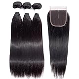 Brazilian Hair 3 Bundles with Closure 4x4 Middle Part Brazilian Virgin Hair Straight 100% Unprocessed Human Hair Bundles with Lace Closure Natural Black (12 12 12with 10)