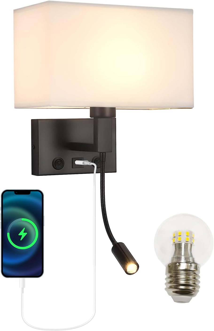 Black Wall Sconces, Hardwired Wall Lamp with USB Port and Reading Lamp, Fabric Shade Bedside Wall Lights with Reading Lamp for Bedroom Living Room Hotels Corridors (Black)