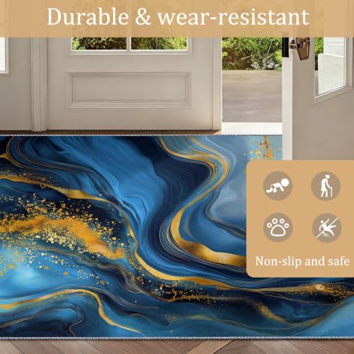 Tapis bleu 60 x 90 cm abstrait antidérapant lavable