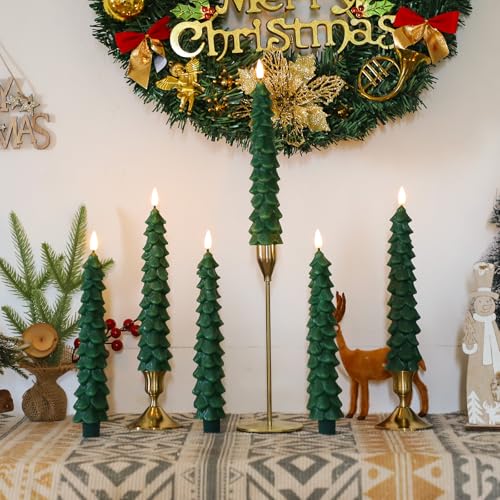 Image of Lezonic 6Pcs Flameless Christmas Tree Candles with Remote Timer, LED Taper Candles Battery Operated Flickering Flame, 10 Inches Green Real Wax Window Candlesticks for New Year Xmas Decorations