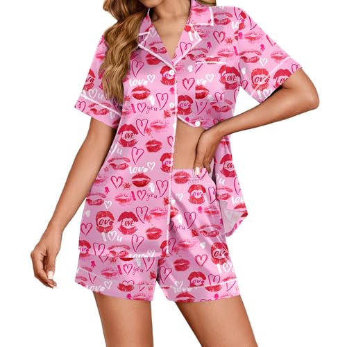 Image of Ekouaer Womens Satin Silk Pajamas Set Short Sleeve Sleepwear Button Down Top and Shorts Loungewear 2 Piece Pjs Set S-XXL Lip Print Heart Large