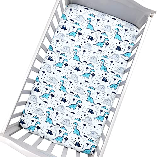 Image of JISEN Baby Crib Sheet 1 Piece Portable Fitted Crib Sheet for Standard Crib and Toddler Mattresses Nursery Bed Decor for Boys Girls 28x52 Inch Dinosaurs World