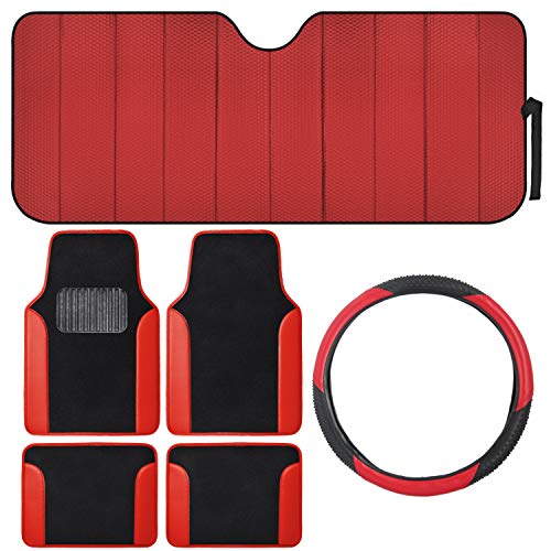 BDK Car Accessory Gift Set, Includes Motor Trend Auto Sunshade, Two-Tone Carpet Floor Mats & Steering Wheel Cover, Holiday Combo Pack for Autos Truck Van SUV