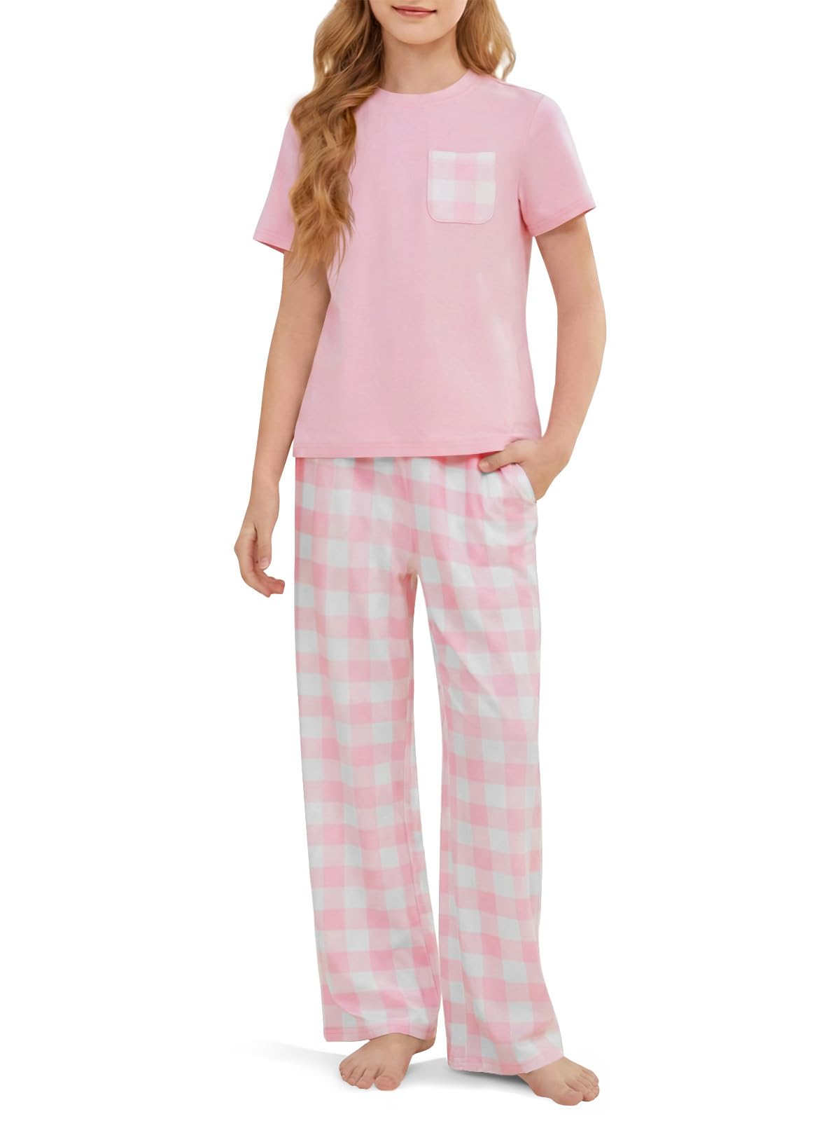 rrhss Girls Pajama Sets Kids Short Sleeve Tops and Plaid Long Pants PJS Sleepwear Soft Lounge Set 5-14 Years