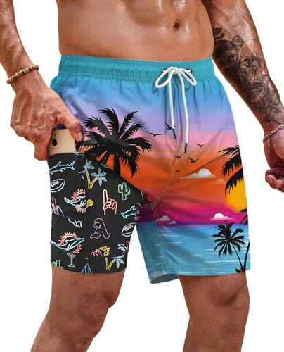 Men Swim Trunks Quick Dry Graphic Compression Liner 6'' Inseam Beach Summer Board Shorts (S-XXL)