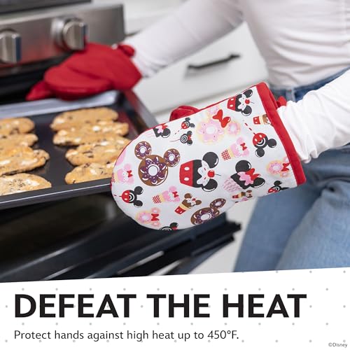 Image of Disney Mickey & Minnie Mini Oven Mitts, 2-Pack, Heat Resistant 450F | Compact 5.5 inchx7.5 inch pot holders for kitchen, printed silicone offers non-slip grip, ambidextrous, hand wash or spot clean