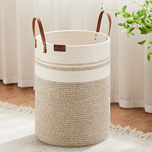 Image of VIPOSCO Tall Laundry Basket, Large Dirty Clothes Hamper with Leather Handle, Woven Rope Storage Basket for Blanket, Toy In Living Room, Bathroom, Bedroom - 72L Brown & White