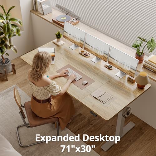 Image of TIQLAB Electric Height Adjustable Standing Desk 71 * 30 inch, Sit Stand Desk with Splice Board, Memory Controller, White Frame & Maple Top Computer Workstation for Home Office