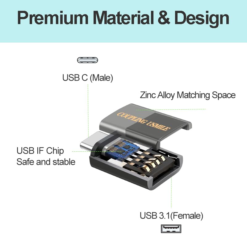 COUPLING USMILE USB C to USB Adapter, OTG, 3A Fast Charging, 10Gbps Super Transfer, USB-IF Certified,Zinc Alley Shell, Compatible with MacBook Pro/Air, iPhone 15, Laptop, Tablet (1, 2 Pack-Grey)