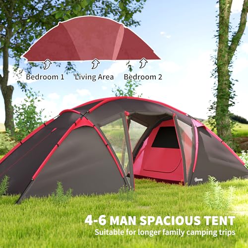 Outsunny 4-6 Man Family Camping Tent W/ 2 Bedrooms And A Living Room, Waterproof Tunnel Tent W/Sewn In Groundsheet, Doors, Windows, Carry Bag, Grey - 3