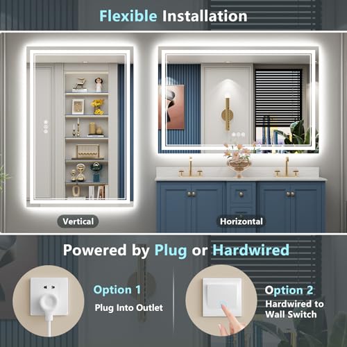 AWANDEE 60x40 LED Bathroom Mirror with Lights, Backlit and Front Lit Anti-Fog Lighted Vanity Mirrors for Bathroom Wall, Dimmable, 3-Color Light, Memory, Shatter-Proof, HD Tempered Glass, CRI＞90 by AWANDEE - Image 6