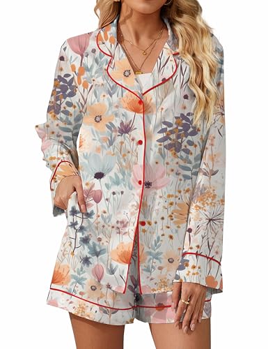 Image of SHESHOW Satin Pajama Set for Women Button Down Long Sleeve Top and Shorts Loungewear Set Funny Print Sleepwear XS-XXL