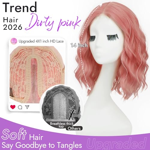 Image of Eawwii Dirty Pink Short Wavy Wig for Women Lace Hairline Bob Style Synthetic Heat Resistant - Natural Appearance for Everyday Hairstyle 14 Inch