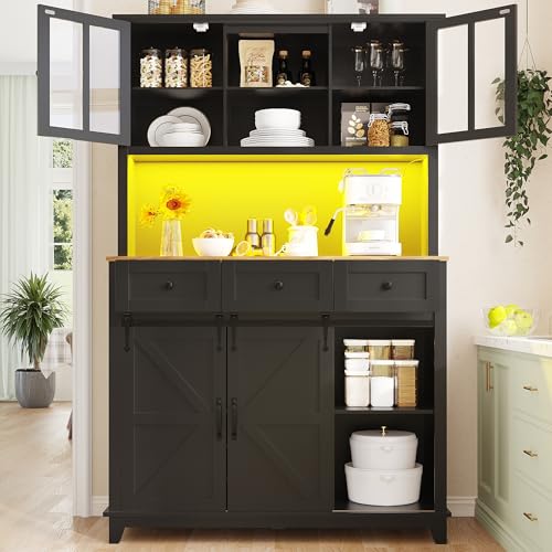 Fppuueg Alacena de Cocina con Iluminación LED y 4 Puertas, Armario Cocina con 3 Cajones y Estantes Ajustables, Armario Cocina Almacenaje con Botellero, 105x38.4x180 cm, Negro