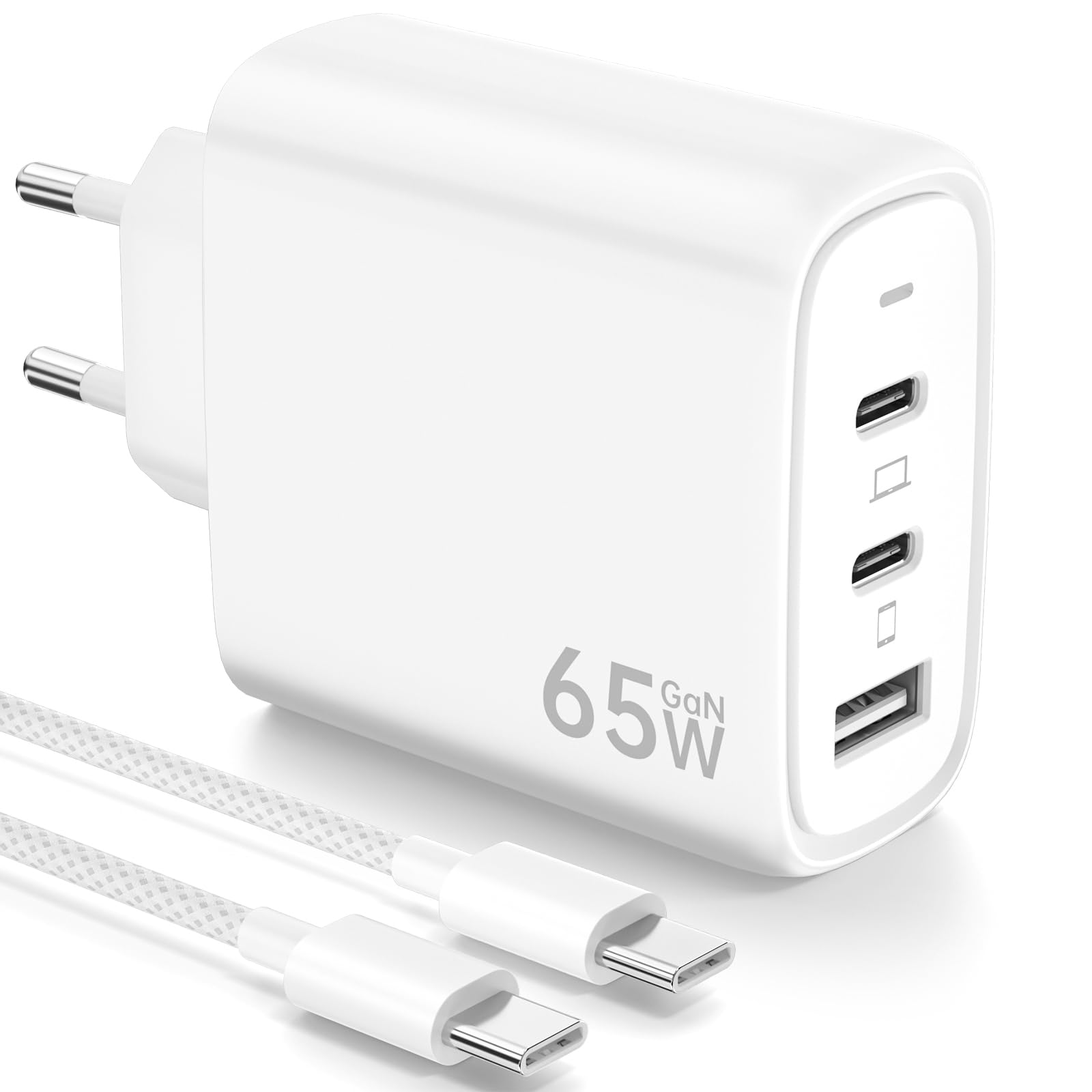 65W Cargador USB C con GAN Tecnología, 3-Ports PPS USB Cargador Rápido, PD & QC3.0 Alimentación con Cable USB C 2m para iPhone 16 Pro/15 Plus, para Galaxy S24/23/S22, para MacB00k Pro/Air, etc