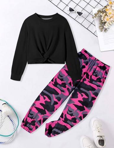 Image of NECIOUS Girls Fall Outfits 2 Piece Fashion Twist Front Pullover Sweatshirt and Camo Pants Clothing Sets 5-14Y