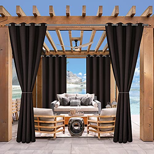 (2 Panels) Voday Linen Look Waterproof Outdoor Curtains for Patio - UV Sunlight Heat Blocking 54x84 Inch Home Curtain - Rustproof Grommet Blackout Curtains for Indoor, Pergola, Porch, Garden, Cabana