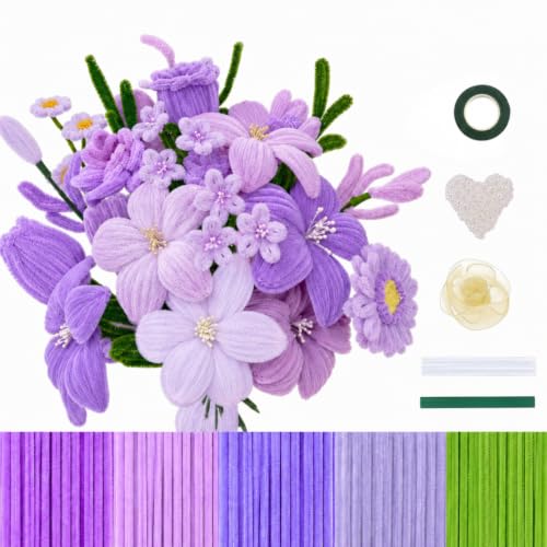 Image of YUNAMI Chenille Stems for DIY Flower Making - 200 Pcs Pipe Cleaners with Floral Wire, Tape, Stamen & Pearls - Premium Bouquet Supplies for Home Decor & Gifting (200, Purple)