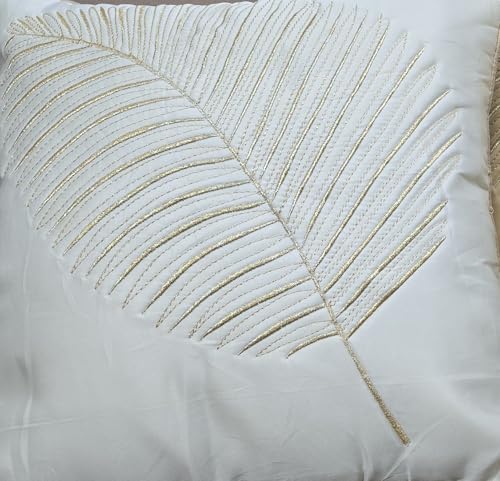 Image of Fab Nation Polyester Fabric White & Golden Combo | Decorative Cushion Covers with Golden Zari Leaf Embroidered Set of 2 for Home Decor | Throw /Pillow Cover 16x16 inches for Bedroom Sofa