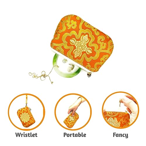 Image of Exquisite Handmade Silk Zipper Jewelry Pouch with Wristlet Strap | Women's Coin Purse Brocade Wallet for Makeup and Gifts, Orange