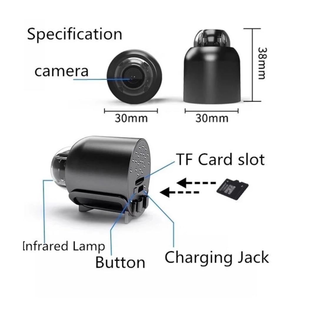 Diagram of the Mini HD Wi-Fi Camera showing its components: lens, infrared lamp, button, charging jack, and TF card slot, with dimensions.