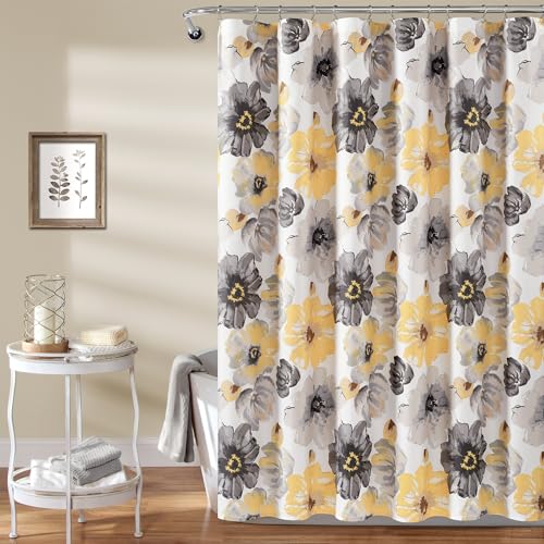 Lush Decor Rideau de Douche à Motif Floral Leah, 183 cm de Large x 182,9 cm de Long, Jaune et Gris – Joli Rideau de Douche Jaune – Décoration...