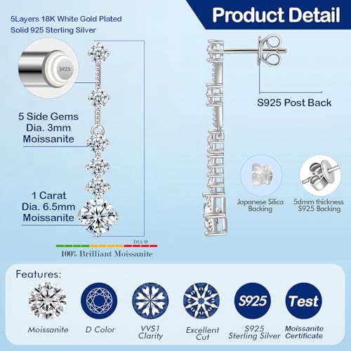 Moissanite Drop Earrings for Women，3-7CT 18K White Gold Plated 925 silver D Color Stud Earrings, Certificate Jewelry for Her Birthday Wedding3