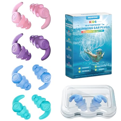 Kids Swimming Ear Plugs 4 Pairs Waterproof Silicone Reusable Earplugs Ear Protection for Showering Swimming Bathing Surfing for Children 4-12 Years Old