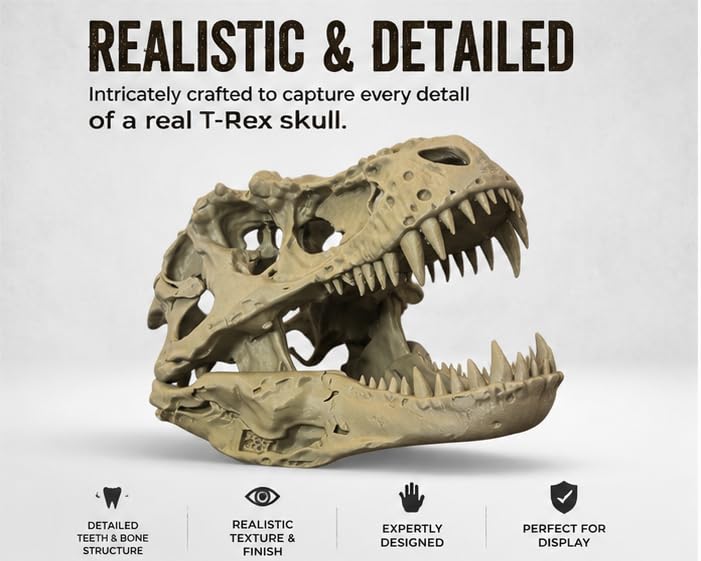 Image of 3D Printed T-Rex Dinosaur Skull Replica | Highly Detailed Tyrannosaurus Rex Fossil Model | Articulated Jaw | Desk & Shelf Decor | Paleontology Gift for Dino Lovers, Collectors & Home Display