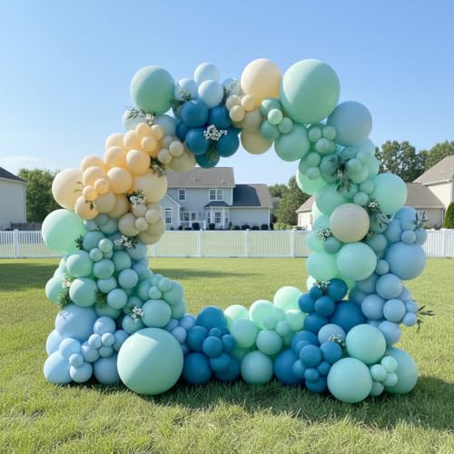 Image of 163Pcs Under The Sea Balloon Garland Arch Kit - Ocean Theme Party Decorations with Dusty Slate Blue Pastel Green Sand White Balloons for Baby Shower Birthday Under the Sea Party Decorations