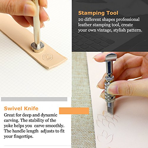 Leather Tools SIMPZIA 52 pcs Leather Kit with Stitching Groover, Prong Punch and Leather Working Saddle Making Stamps Tools Set for DIY Leathercraft - Thumbnail 4