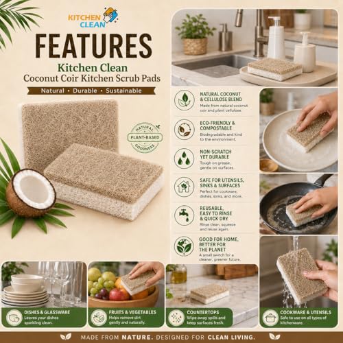 Image of Kitchen Clean Natural Coconut Coir & Cellulose Blend Dish Scrubber Sponge, Eco-Friendly Biodegradable Kitchen Cleaning Sponge, Non-Toxic Long-Lasting Scrub Pads for Utensils, Pots & Pans - Pack of 8