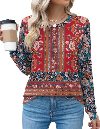 Rapbin Long Sleeve Shirts for Women UK Casual Crew Neck Going Out Blouses Fashion Pleated Tee Clothes 2025