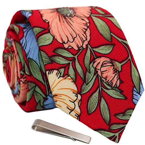 Image of Men's Skinny Tie Floral Cotton Necktie and Tie Bar Clip Sets, Great for Weddings,Groom,Groomsmen